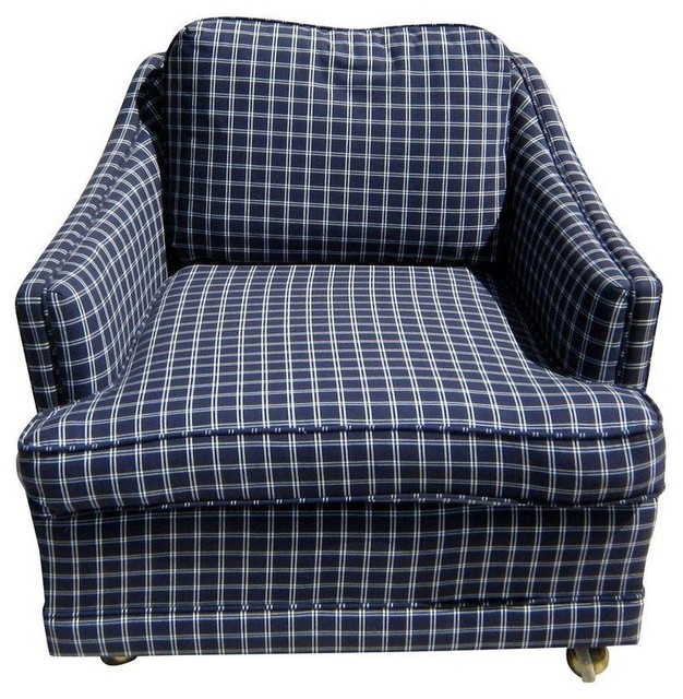 Preowned Navy & White Plaid Upholstered Club Chair Farmhouse