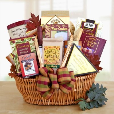 A gift basket filled with all-time favorite holiday snacks is a classic treat A gift basket filled with all-time favorite holiday snacks