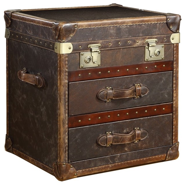 Vintage Steamer Side Table with 2 Drawers Cigar Leather Traditional