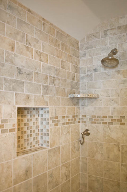 Bathroom Design and Remodel with beige/grey tile - traditional ...