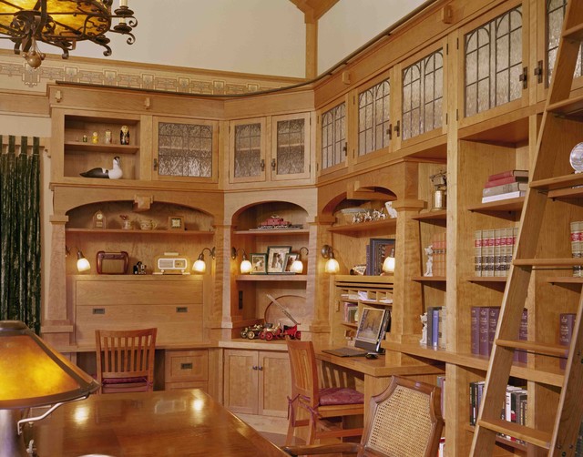 Custom cherry library, wallpaper, leaded glass cabinet doors ...