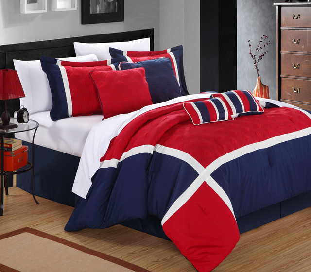 Quincy Blue/Red 8piece Comforter Set Contemporary Comforters And