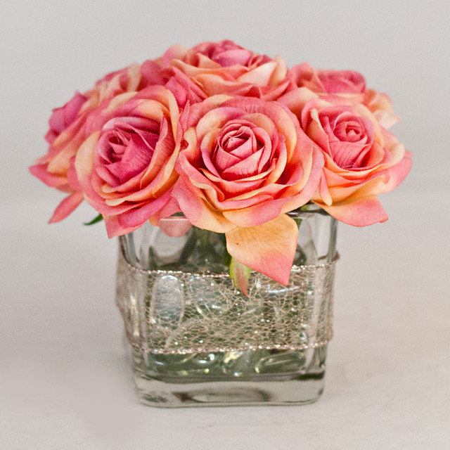 Real Touch Roses Faux Arrangement Pink Square Glass Vase for Home Decor