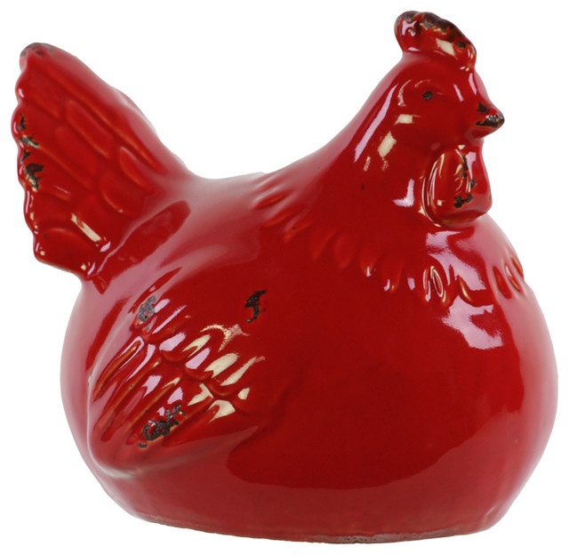 Ceramic Crouching Chicken Figurine, Red Farmhouse Decorative