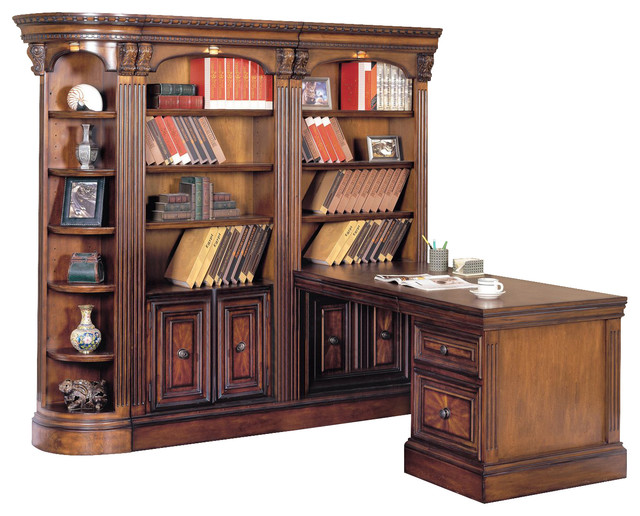 Huntington Corner Bookcase Wall with Peninsula Desk in Vintage Pecan