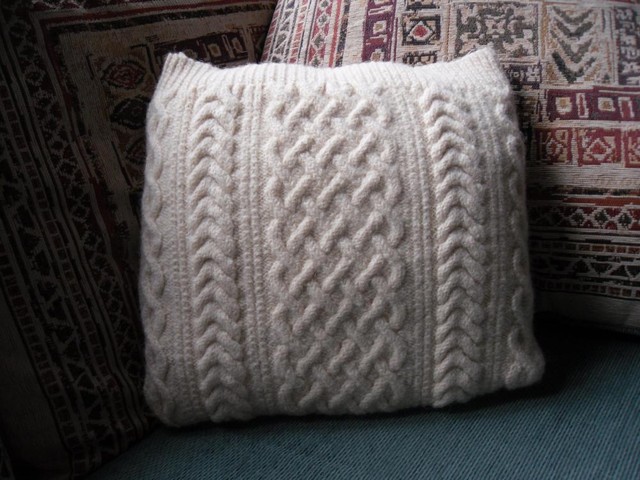 Small Cream Cushion / Pillow Throw . Knit in 100% wool cable cover with dark ...