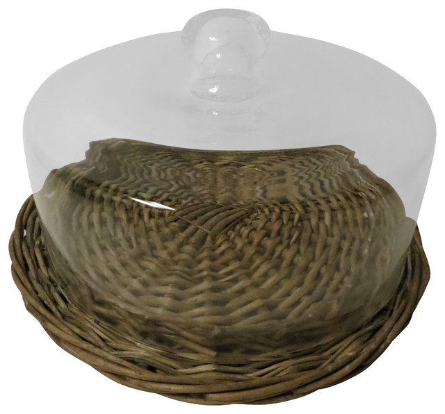 Large Glass & Wicker Cloche & Tray Farmhouse Dessert And Cake