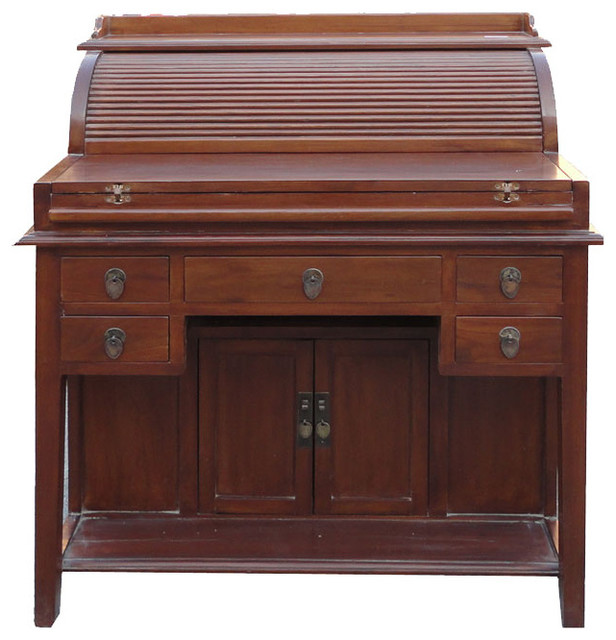 Chinese Solid Elm Wood Rolling Cover Writing Table Computer Desk