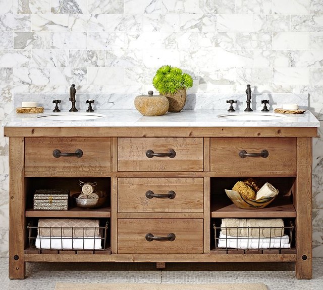 Benchwright Double Sink Console, Wax Pine Finish Farmhouse Bathroom