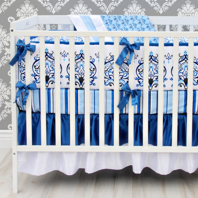 Preston Navy Blue Damask Crib Bedding - Transitional - Baby Bedding