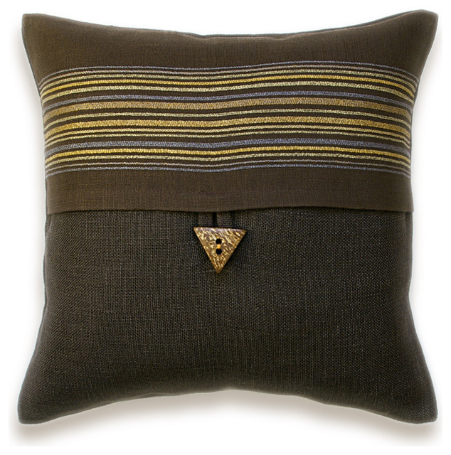 Dark Brown Striped Linen Lumbar Pillow Cover 16 inch FARRAH DESIGN