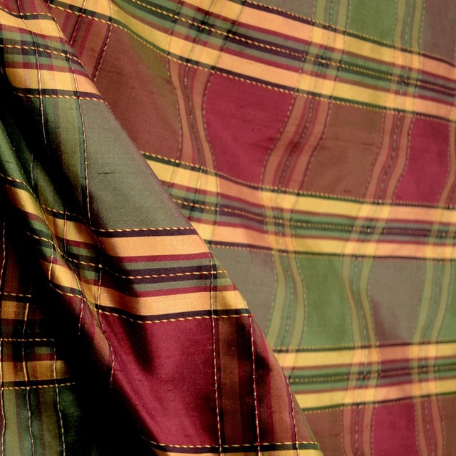 PDS 1409 F Dark Olive Green Burgundy Gold Tartan Plaid Silk Drapery