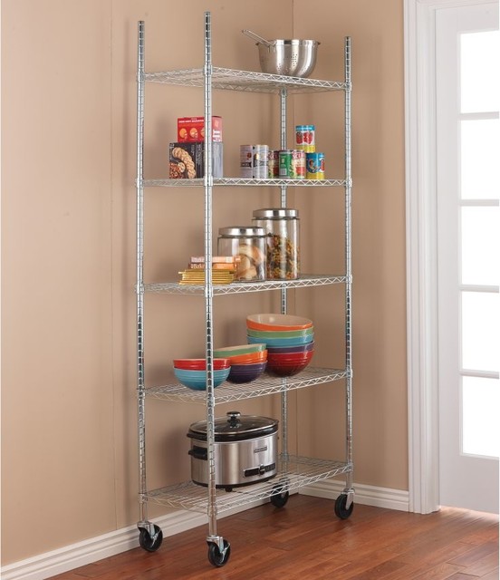 Chrome Kitchen Shelving Unit With Casters, 5Shelf Traditional