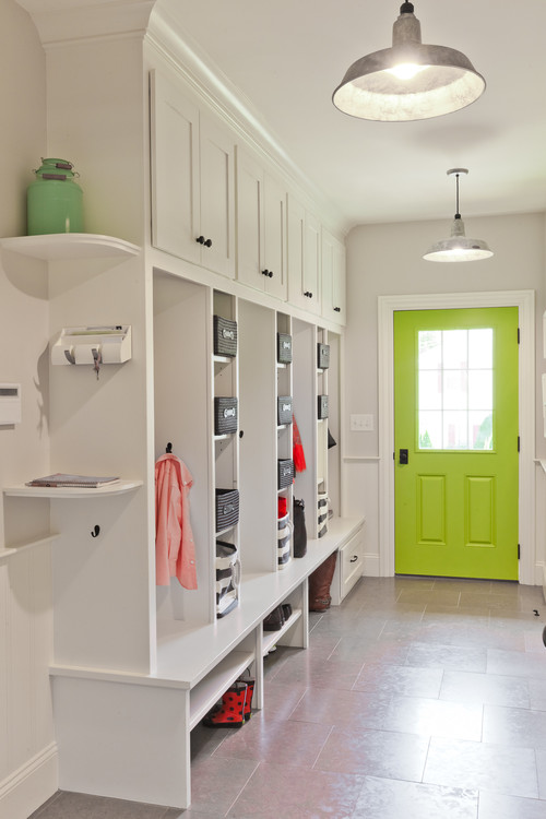 Use industrial pendants like the Millennium Lighting Neo-Industrial to add style to a mudroom. Photo credit: Traditional Entry by West Newbury Architects & Building Designers ASB Architecture