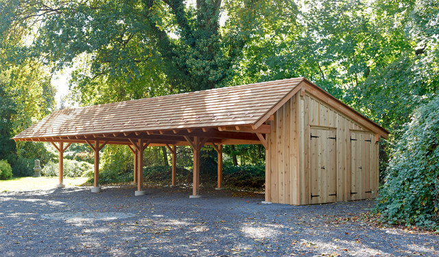 Wood carport with storage shed