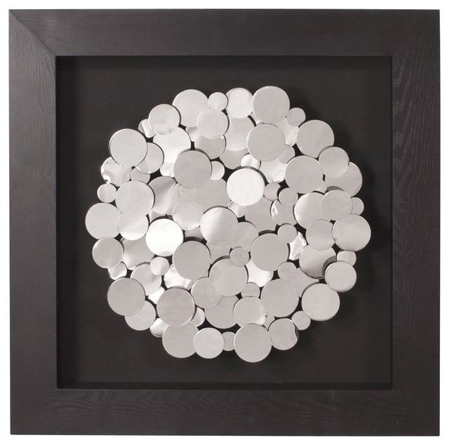 Chrome Coins Mounted on Black Frame Square Wall Art Contemporary