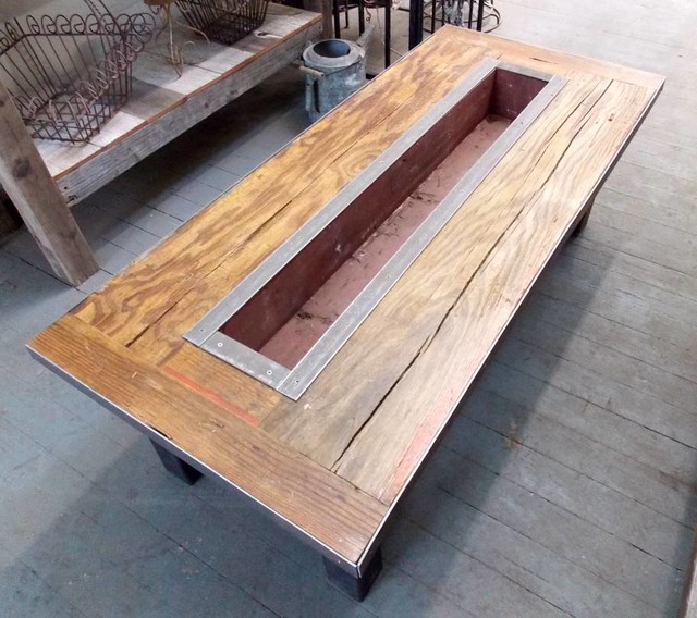 Reclaimed barn wood coffee table with custom planter box industrial