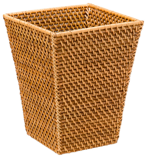 Square Waste Basket in Rattan, HoneyBrown Contemporary