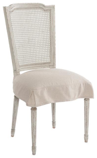 Pair French Country Antique White Slip Cover Dining Chair - Farmhouse