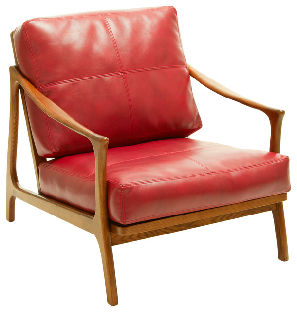 Coolidge Leather and Wood Armchair, Red Midcentury Living Room
