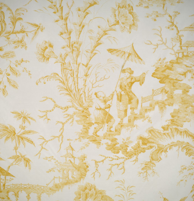Pillement Toile Handprinted Fabric, Yellow Traditional Fabric by