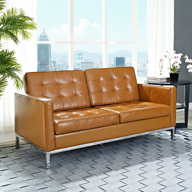 Florence Style Tan Leather Loft Loveseat Midcentury Loveseats new