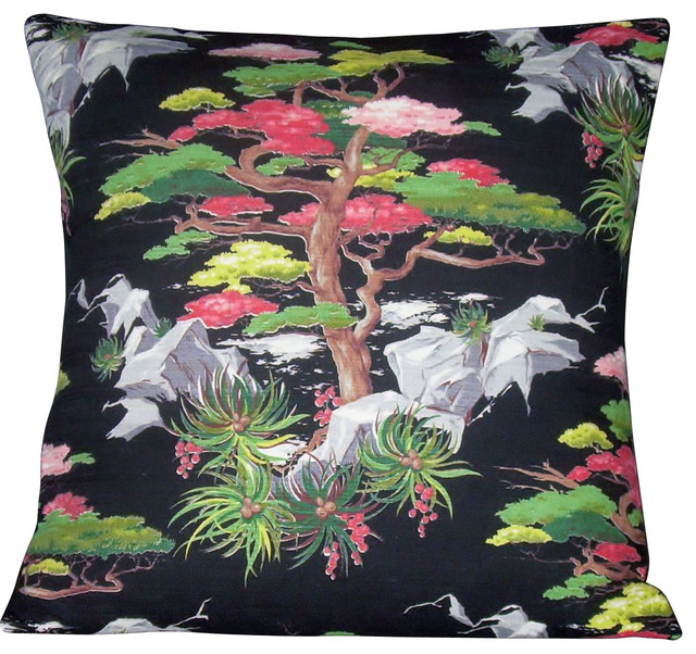 Asian Barkcloth Pillow Cover "Asian Bloom" Mid Century Oriental Pillow