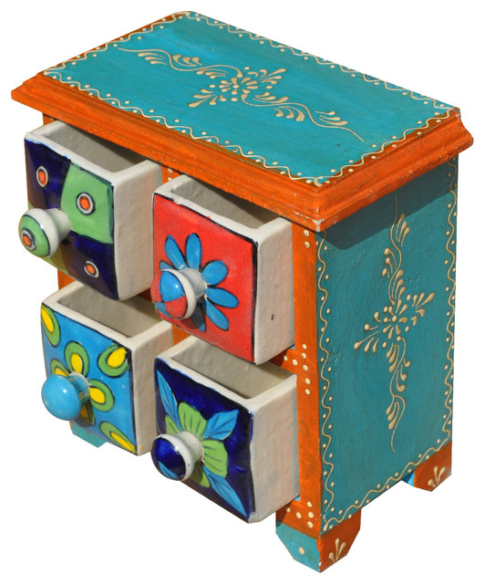 Hand Painted Ceramic & Mango Wood 4 Drawer Jewelry Box Eclectic