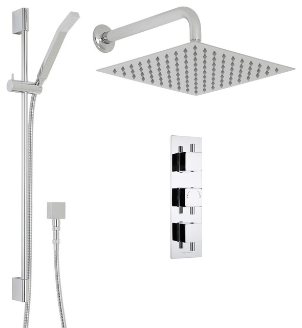 Chrome Square Thermostatic Rain Shower System 12" Overhead, Rail Kit