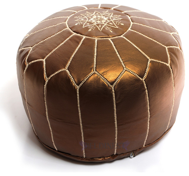 Moroccan Pouf, Bronze Ski Leather Pouf, Round Ottoman Foot Stool Pouffe