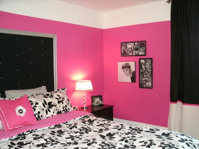 Dramatic Hot Pink, Black & White Teen Bedroom - contemporary ...