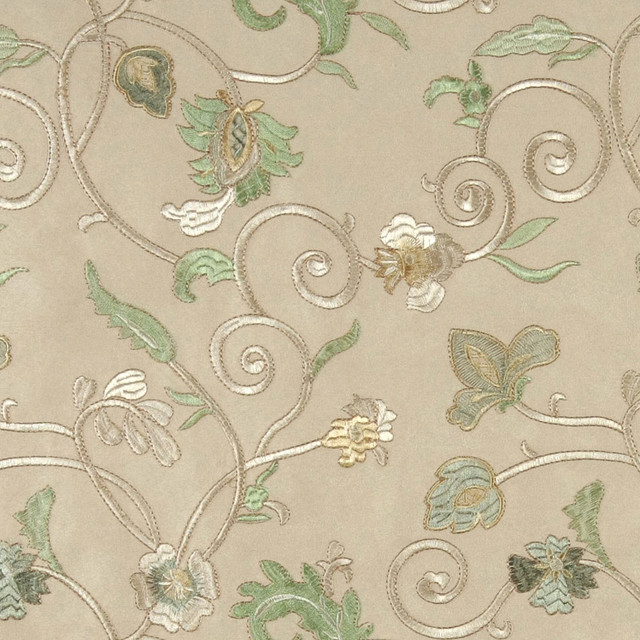 Beige Green Ivory And Gold Embroidered Vines Suede Upholstery Fabric By
