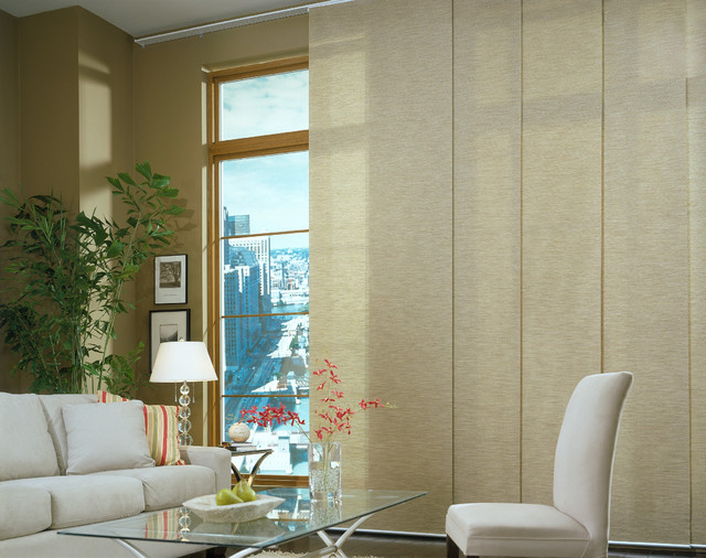 Panel Track Blinds Contemporary Living Room Brown & White Glass