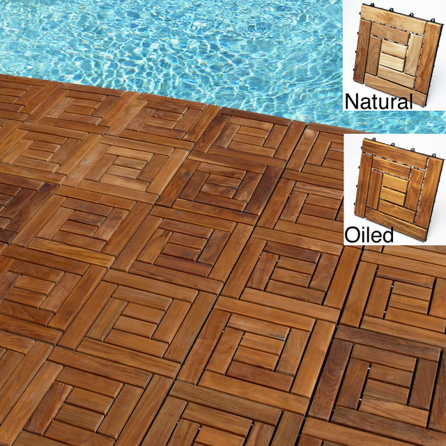 Le Click Style Spiral Teak Interlocking Deck Tiles (Set of 10) Contemporary Outdoor Decor