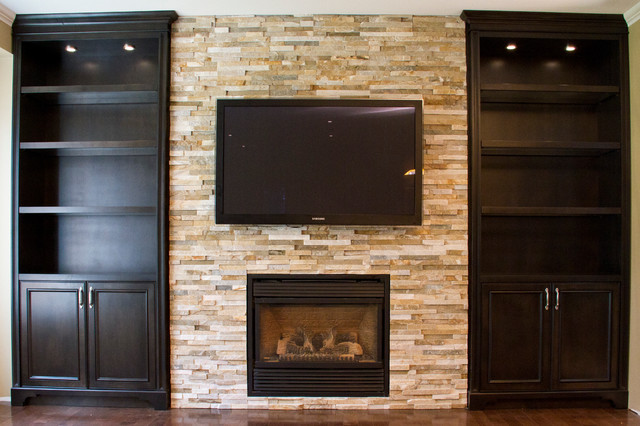 Glass Shelves Built-in Units Around Fireplace - traditional ...
