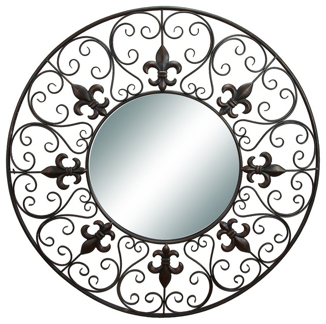 Round Wall Mirror Fleur De Lis Metal Black Decor Traditional Wall