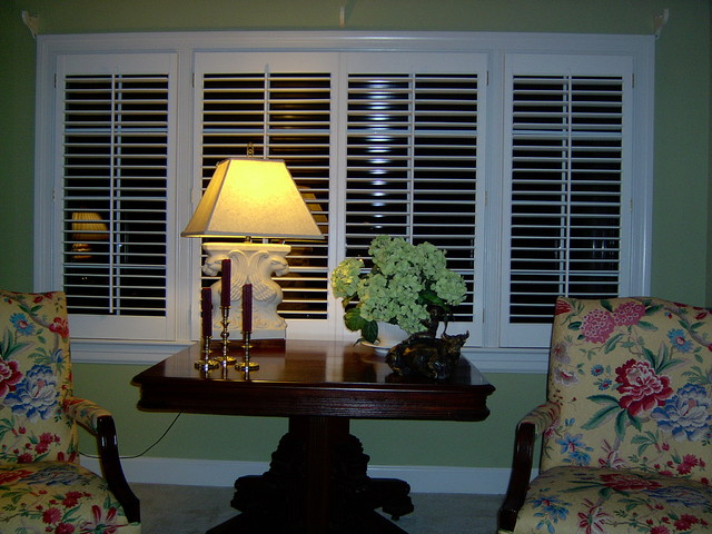 living room with plantation shutters