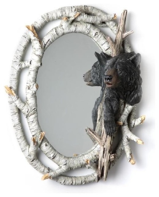 17.7 Inch Birch Wood Design with Black Bear Head Wall Mirror Rustic Mirrors by StealStreet