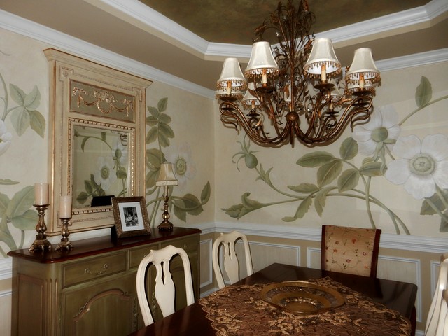 Rosa DeCandolle Dining Room. Huge rose blossoms painted on metallic