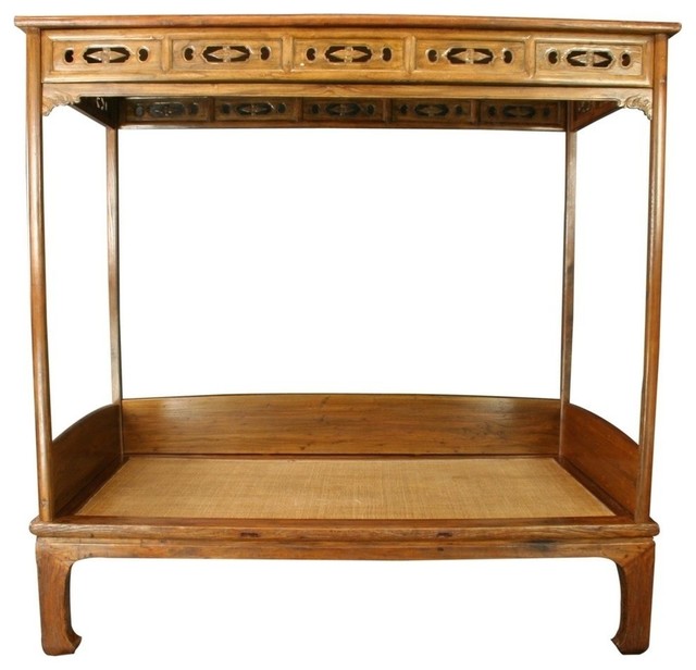 Large Consigned Antique Chinese Canopy Bed Carved Plum Asian Beds