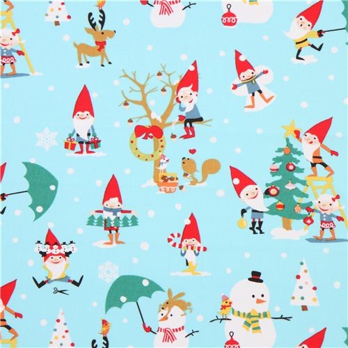 light blue Christmas fabric gnomes snowman Michael Miller - Fabric ...