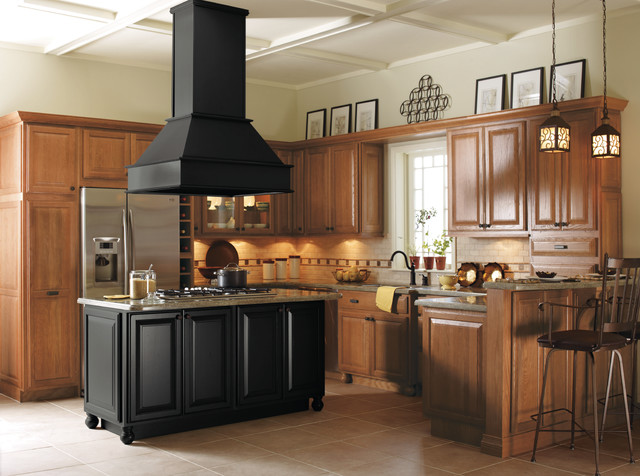 Light Oak Cabinets with Black Kitchen Island - Kitchen ...