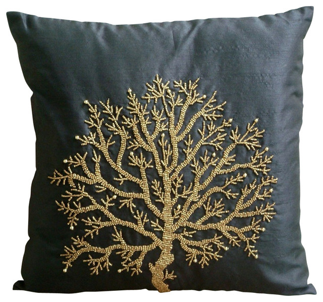 Celebrated Tree Decorative Black Silk Throw Pillow Cover, 24x24 - Contemporary - Bed Pillows ...