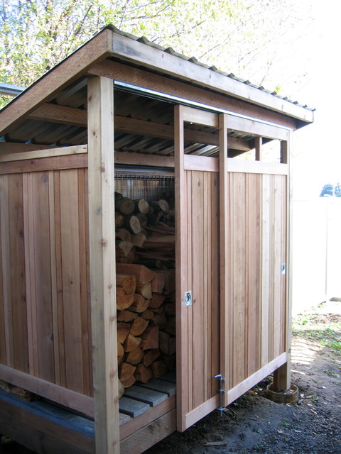 Firewood shed built with reclaimed materials. - Modern ...
