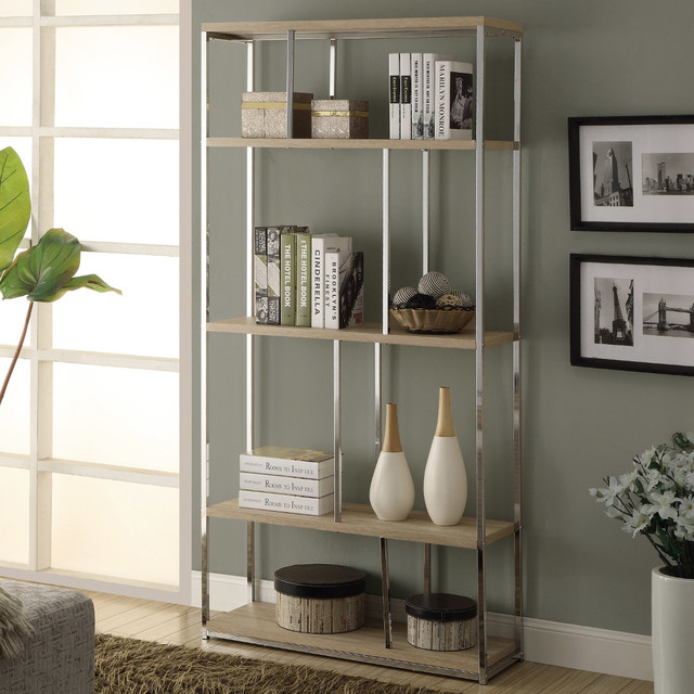 Natural ReclaimedLook/Chrome Metal 72in.H Bookcase Contemporary