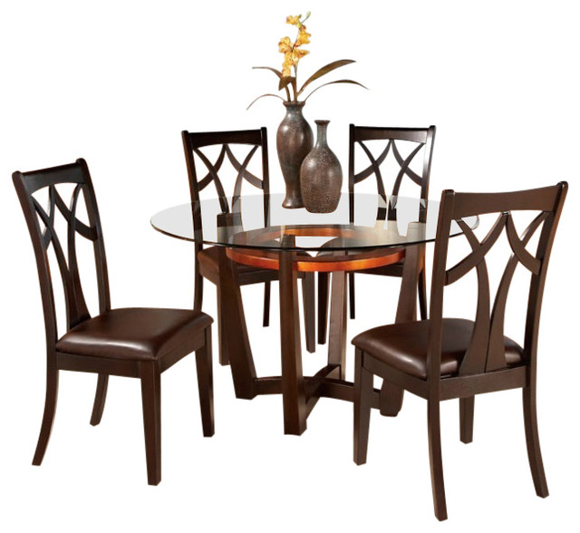 Round Glass Top Dining Table Set w 4 Wood Bac Contemporary Dining