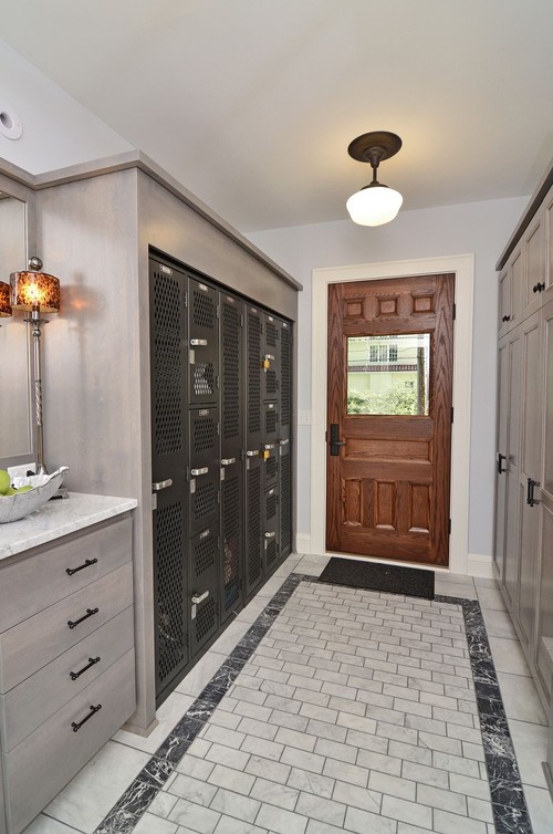 Schoolhouse lighting is an A+ choice for mudroom lighting! Photo credit: Traditional Entry by Burnsville Design-Build Firms Highmark Builders