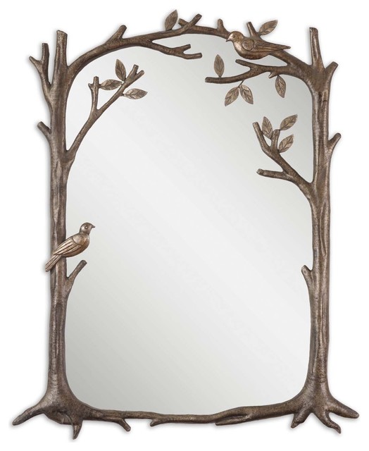 Antiqued Silver Leaf Mirror With Birds And Branches Transitional