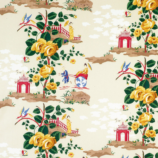 China Rose Handprinted Chintz Fabric, Yellow & Blue on Cream Asian