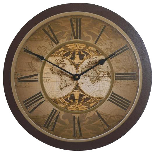 Old World Map Wall Clock, 18" Traditional Wall Clocks by Clocks